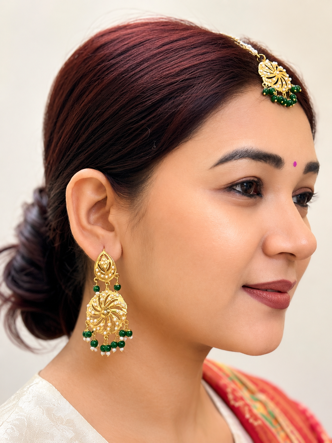 Emerald Green Floral Drop Earrings with Maang Tikka Set
