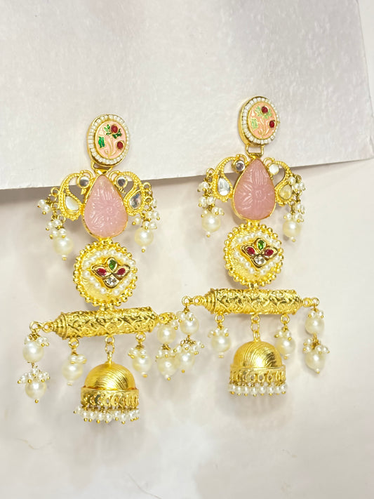 Meenakari Pink Blossom Jhumka Earrings