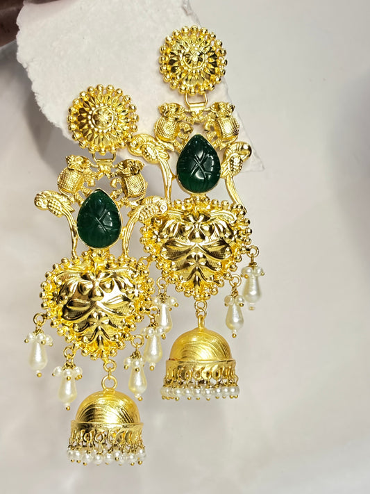 Green Carved Stone Peacock Jhumka Earrings