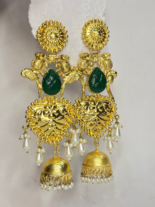 Green Carved Stone Peacock Jhumka Earrings