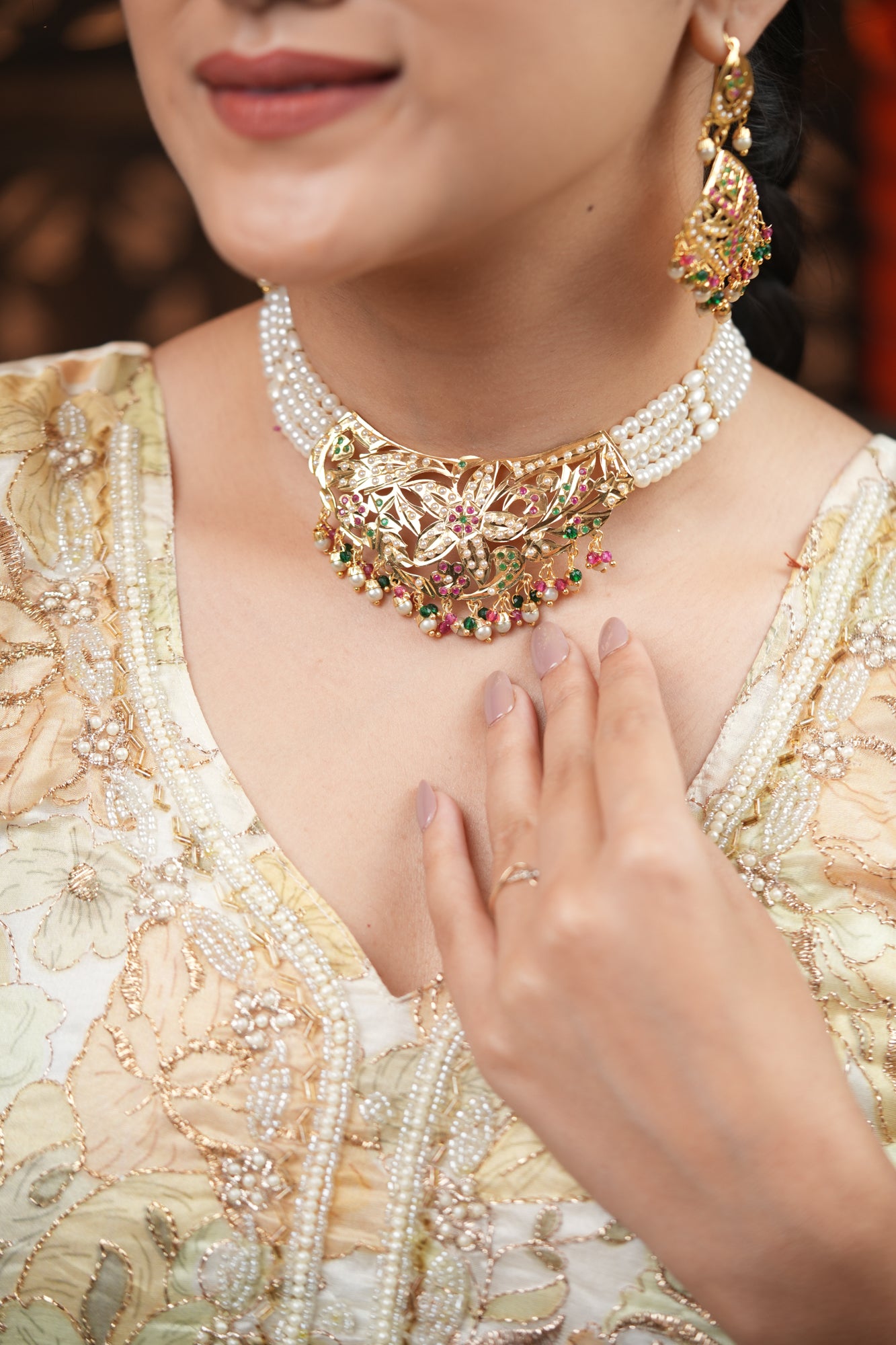 Multi Golden Blossom with Pearl Strings Set