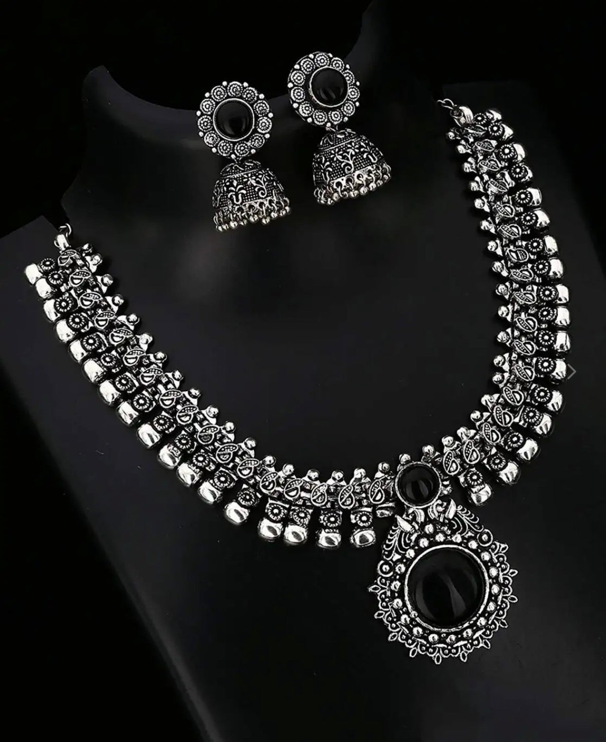 Oxidised Silver Kolhapuri Choker Necklace Set with Jhumka Earrings