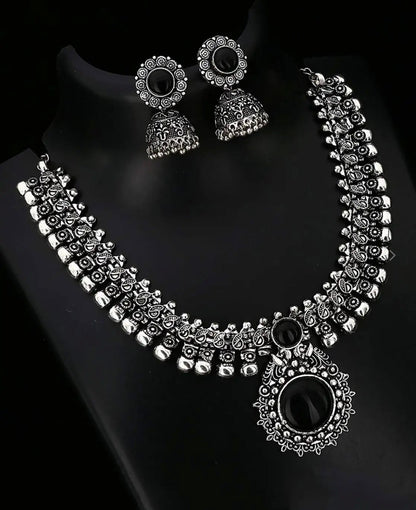 Oxidised Silver Kolhapuri Choker Necklace Set with Jhumka Earrings