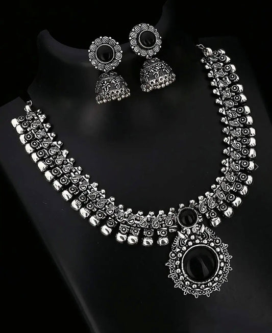 Oxidised Silver Kolhapuri Choker Necklace Set with Jhumka Earrings