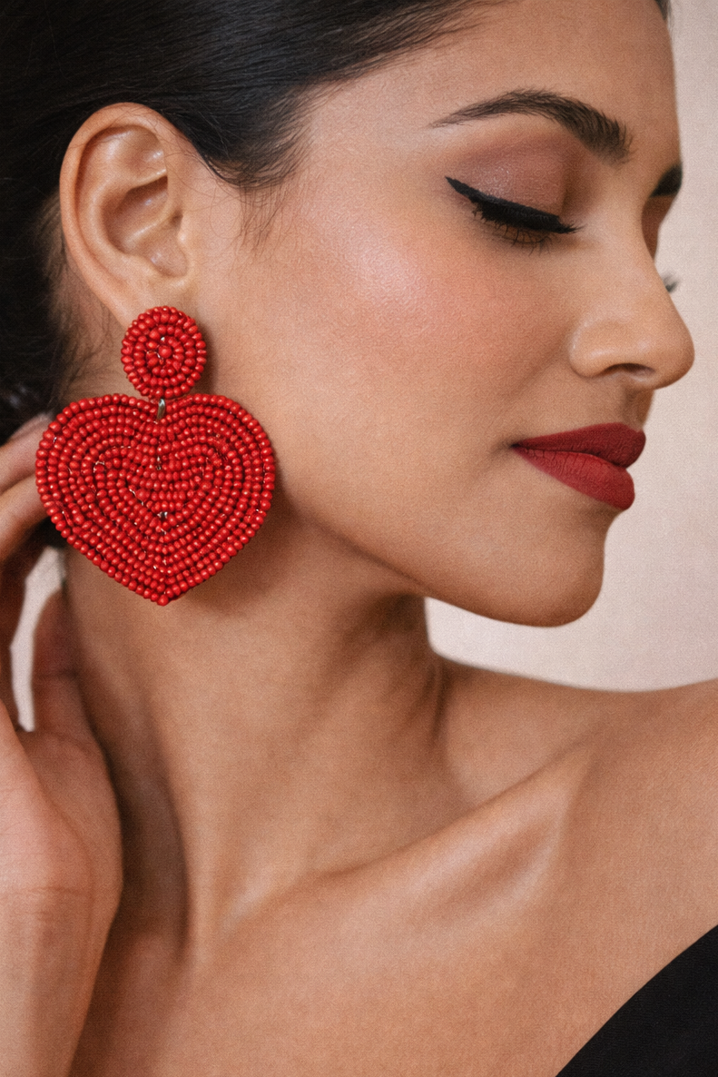 Scarlet Heart Beaded Earrings