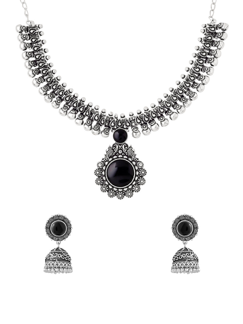 Oxidised Silver Kolhapuri Choker Necklace Set with Jhumka Earrings