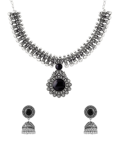 Oxidised Silver Kolhapuri Choker Necklace Set with Jhumka Earrings