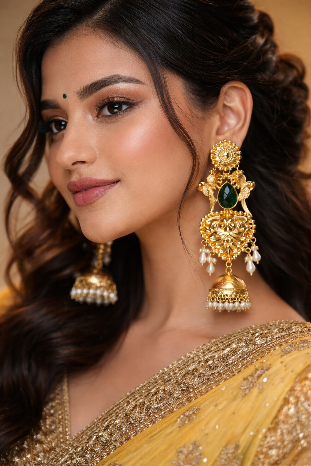 Green Carved Stone Peacock Jhumka Earrings