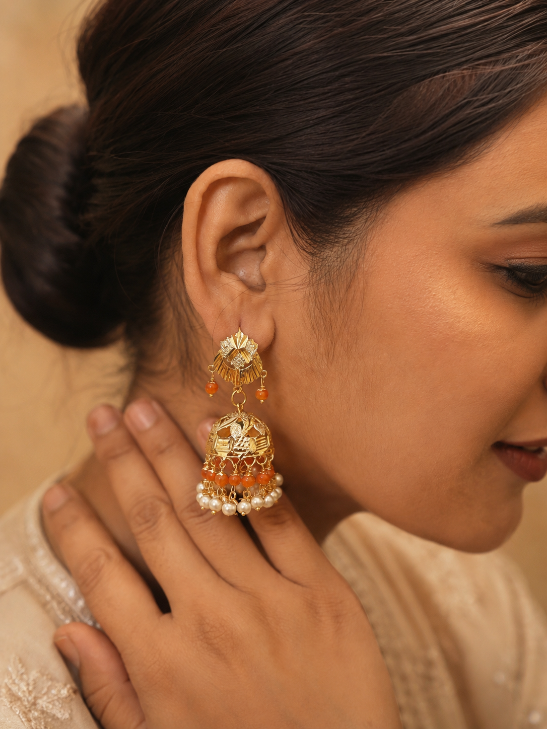 Pearl & Coral Jhumka with Maang Tikka Set