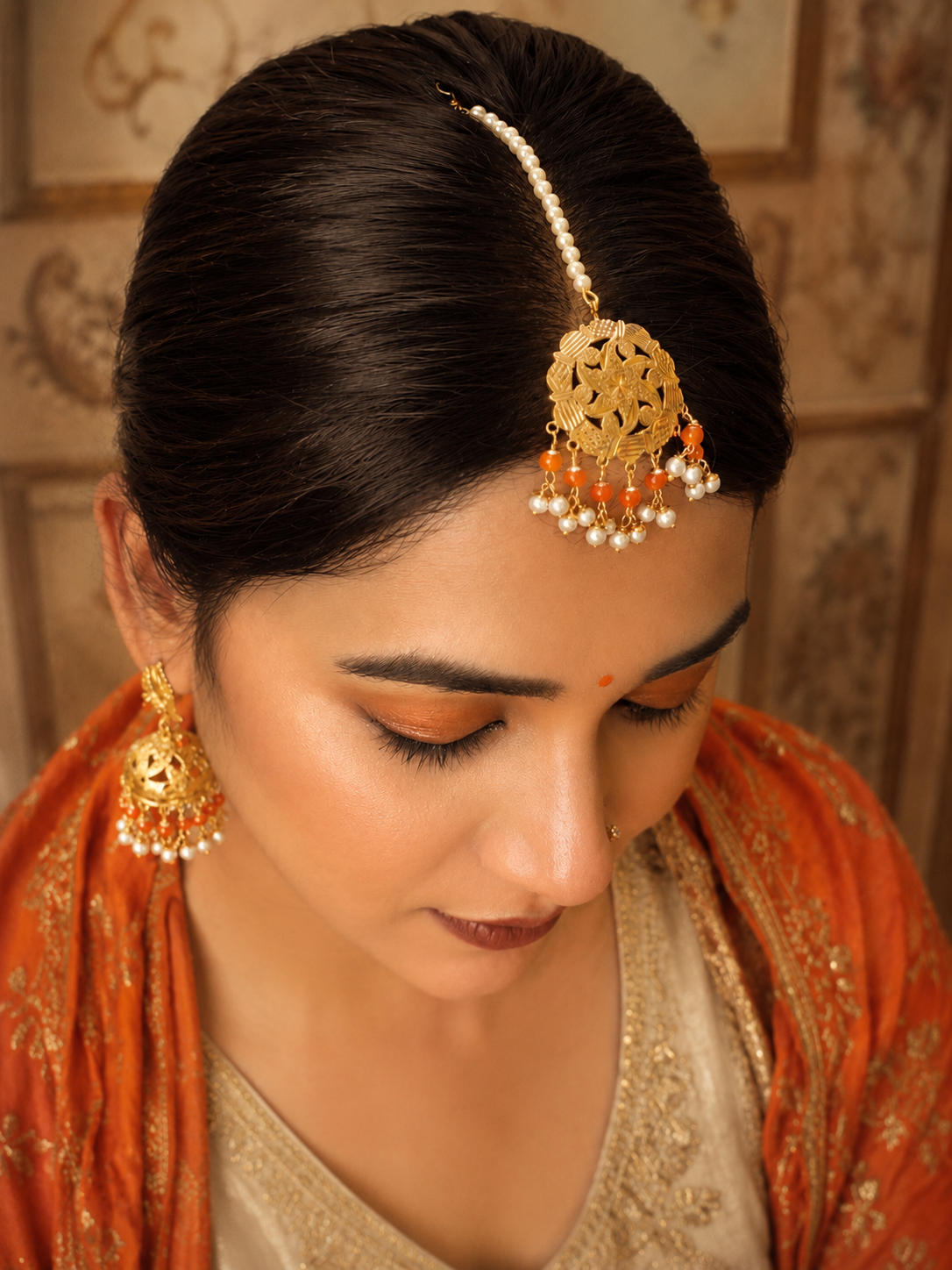 Pearl & Coral Jhumka with Maang Tikka Set