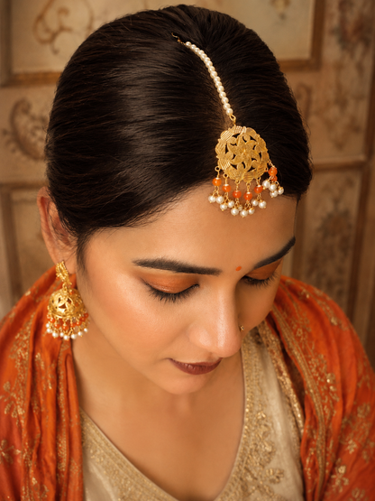 Pearl & Coral Jhumka with Maang Tikka Set