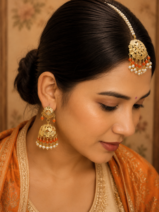 Pearl & Coral Jhumka with Maang Tikka Set