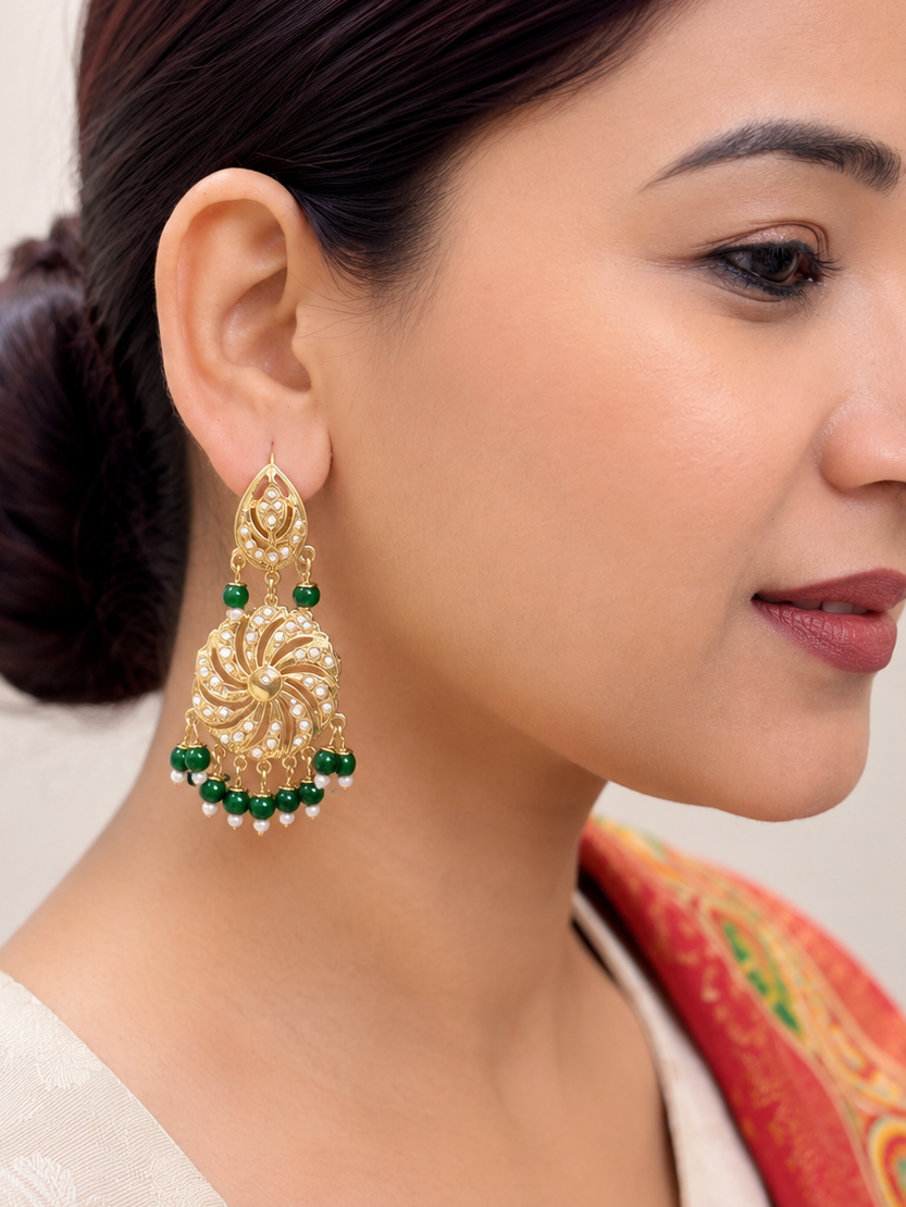 Emerald Green Floral Drop Earrings with Maang Tikka Set