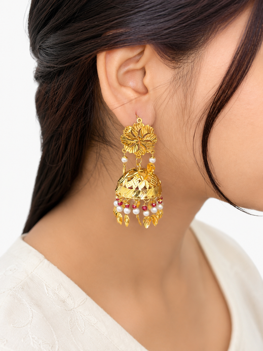 Pearl & Ruby Red Festive Jhumka With Maang Tikka