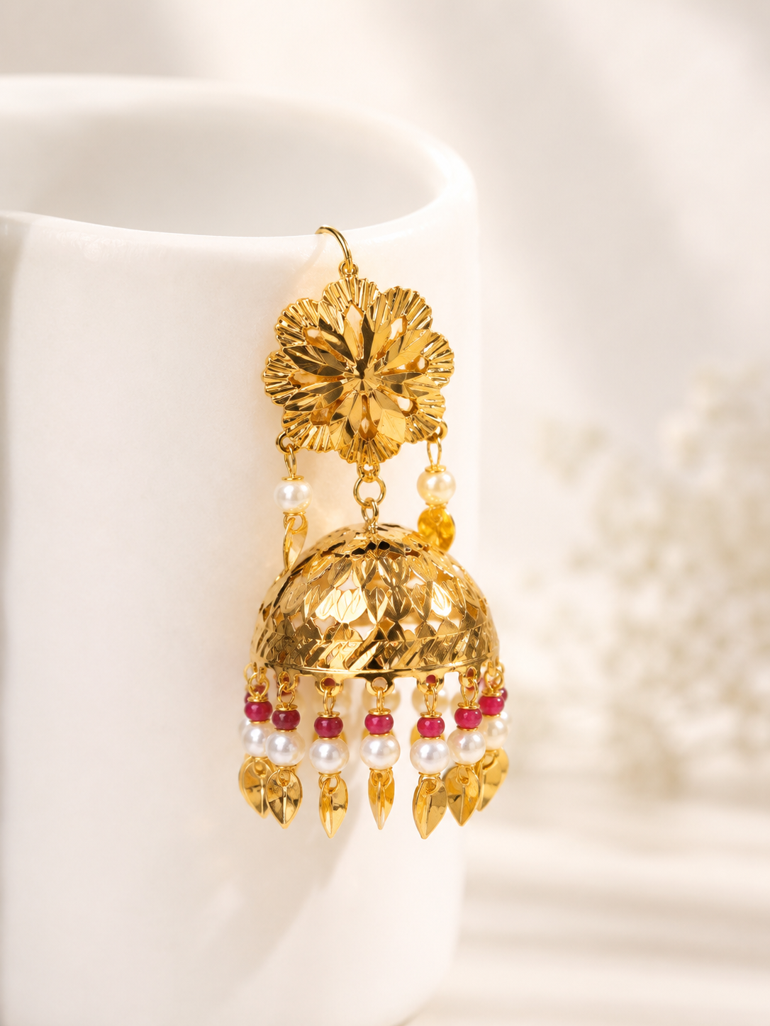 Pearl & Ruby Red Festive Jhumka With Maang Tikka