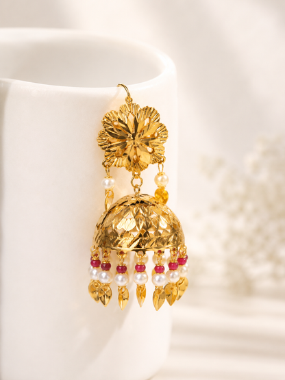 Pearl & Ruby Red Festive Jhumka With Maang Tikka