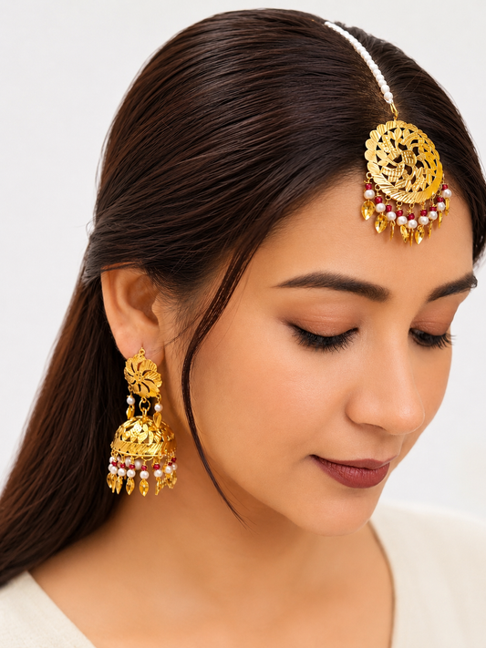 Pearl & Ruby Red Festive Jhumka With Maang Tikka