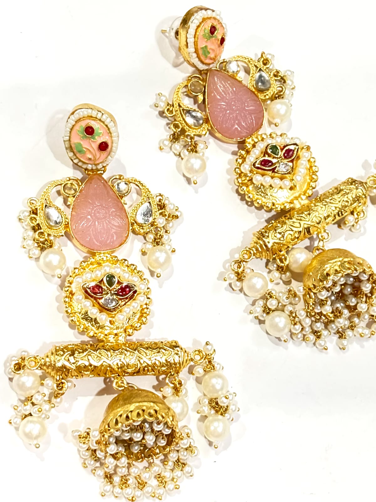 Meenakari Pink Blossom Jhumka Earrings