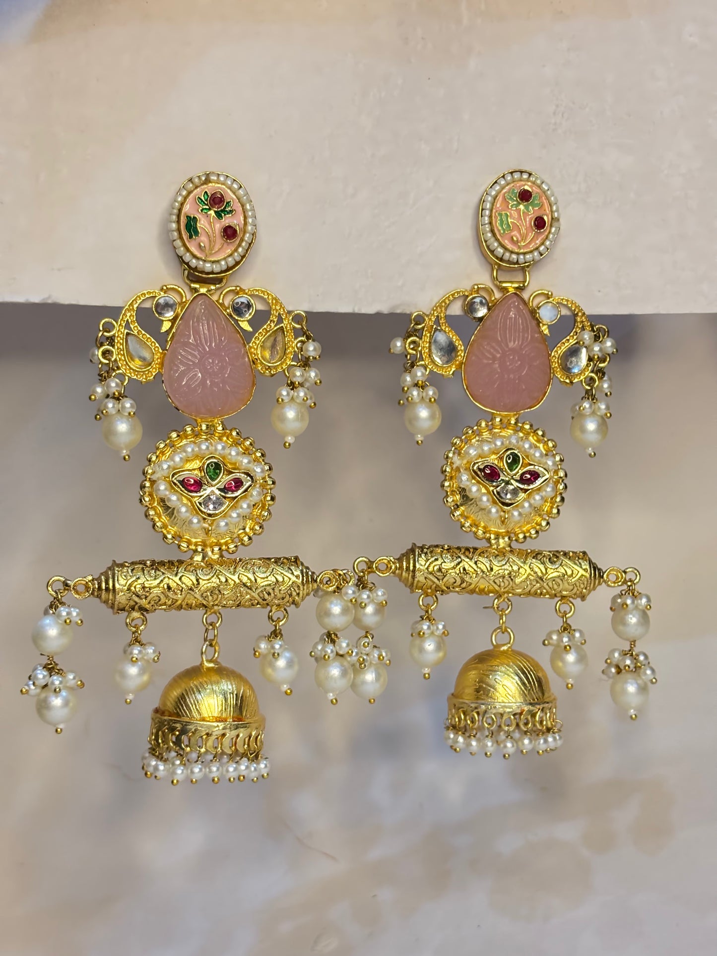 Meenakari Pink Blossom Jhumka Earrings